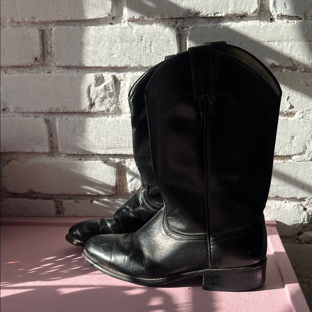Classic Black Leather Western Boots vintage short calf
